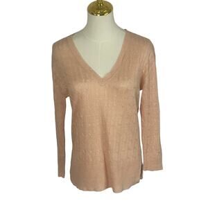 J. Crew Womens Linen V Neck Peach Cable Knit Sweater Lightweight Size S Relaxed